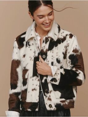 Bernardo Cow-Print Faux Fur Jacket in White, Brown & Black